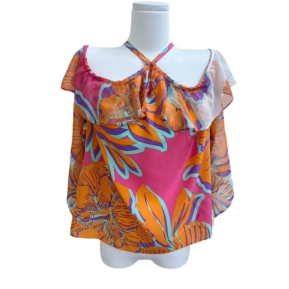 Hale Bob Silk Blouse Sz XS Floral Halter Off Shoulder Wide Slv Pink Orange Top